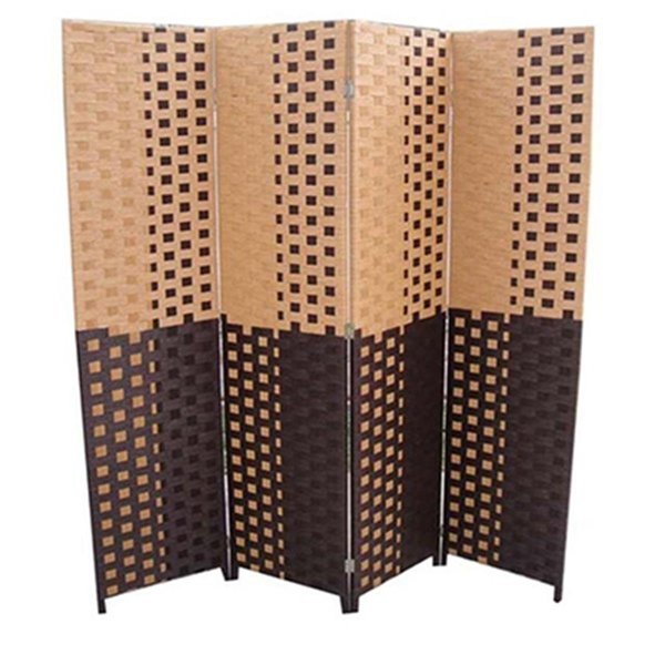 Manmade Brown-Espresso Brown Paper Straw Weave 4 Panel Screen On 2 in. H Legs, Handcrafted MA2629607